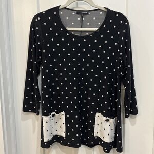 Sun Kim Women's Size XS Polka Dot 3/4 Sleeve Blouse Black White Slinky Pockets